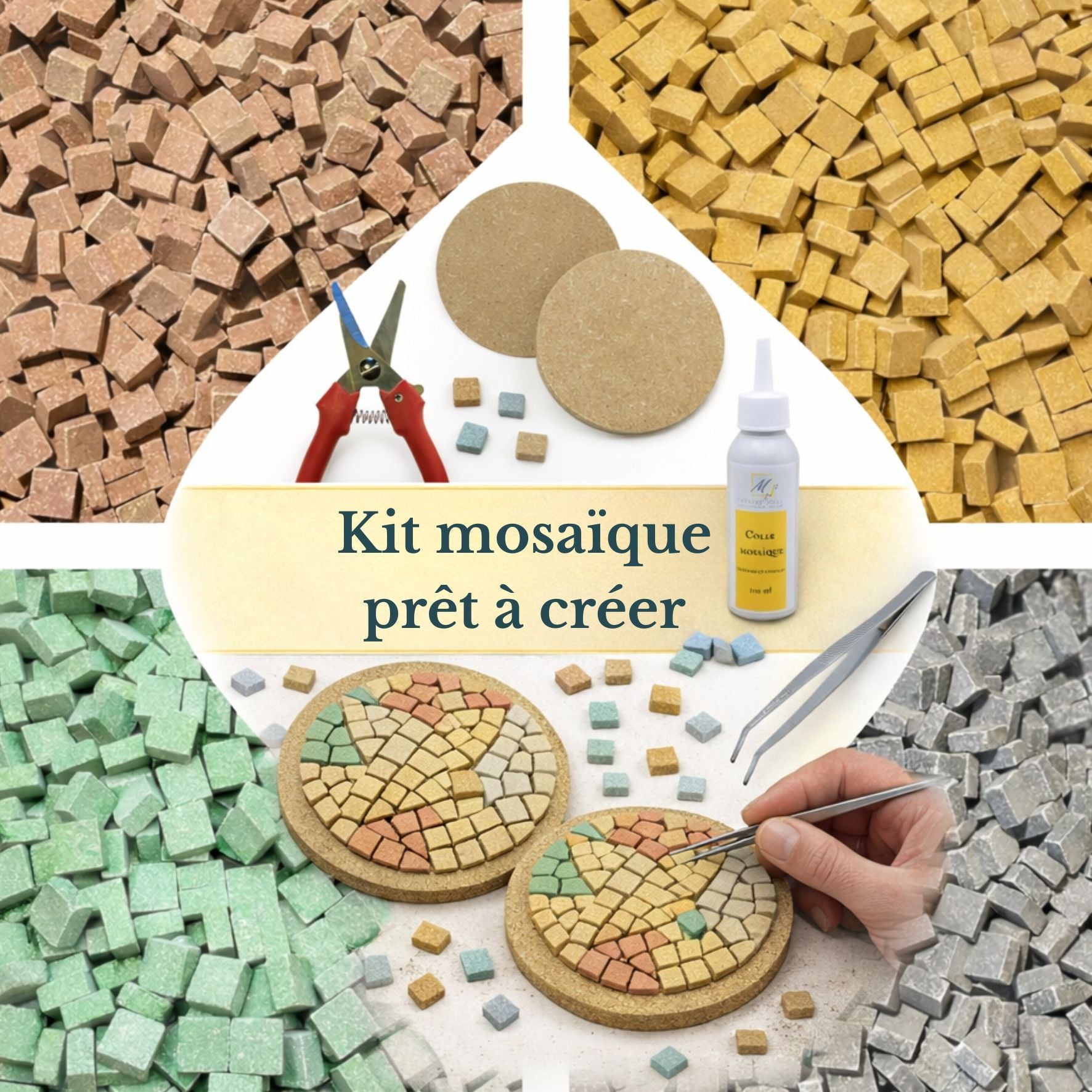 Kit mosaïque prêt à créer harmonie naturelle avec mosaïques Antico aux teintes minérales beige, sable et gris, outils inclus pour réalisation de dessous de verre