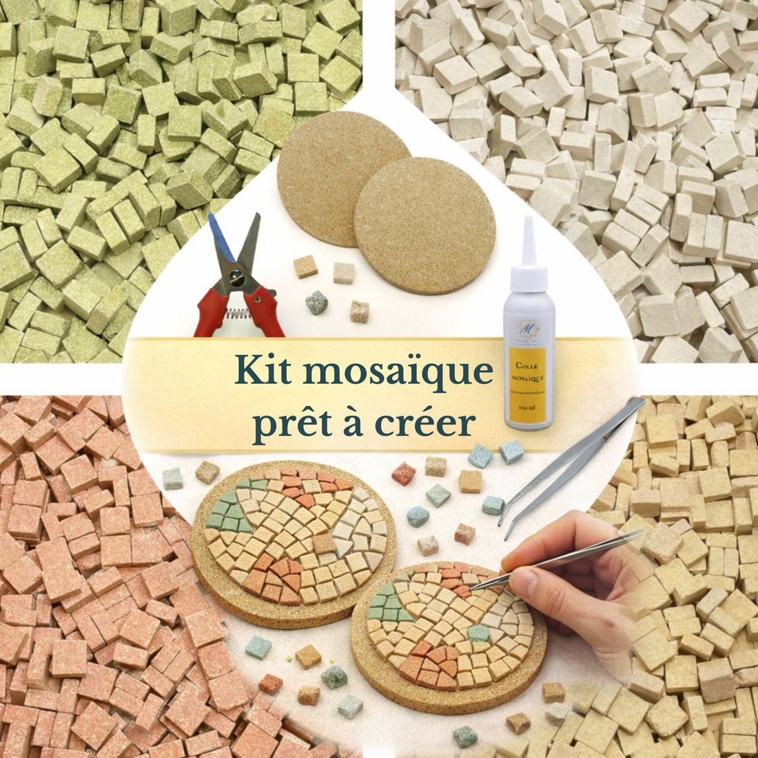 Kit mosaïque prêt à créer harmonie douce avec mosaïques Antico aux couleurs pastel et naturelles, pince, colle et supports ronds pour activité créative
