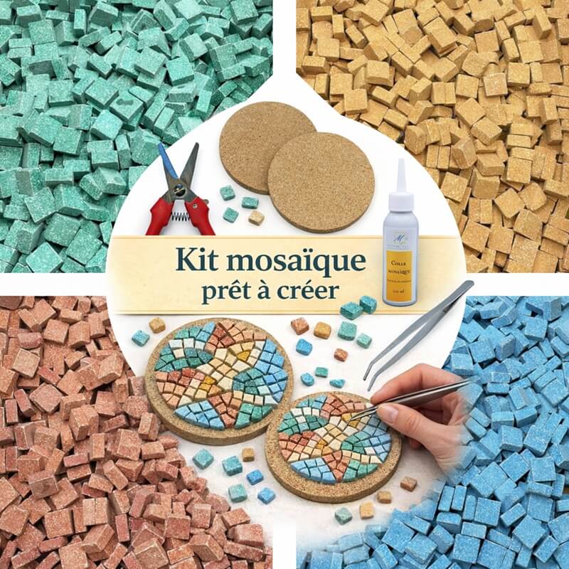 Kit mosaïque prêt à créer harmonie profonde avec mosaïques Antico aux tons naturels vert, terracotta et beige, outils de mosaïque et supports ronds pour création artisanale