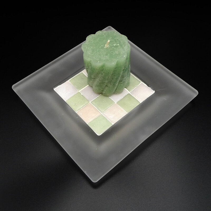 Assiette en verre -Support mosaïque - pâtes de verre vert et rose