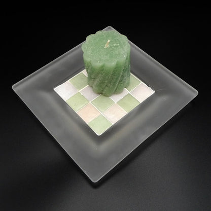 Assiette en verre -Support mosaïque - pâtes de verre vert et rose