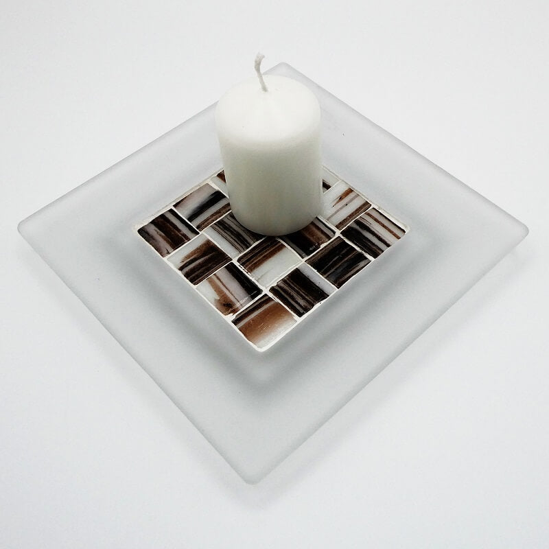 Assiette en verre -Support mosaïque - pâtes de verre marron et blanc